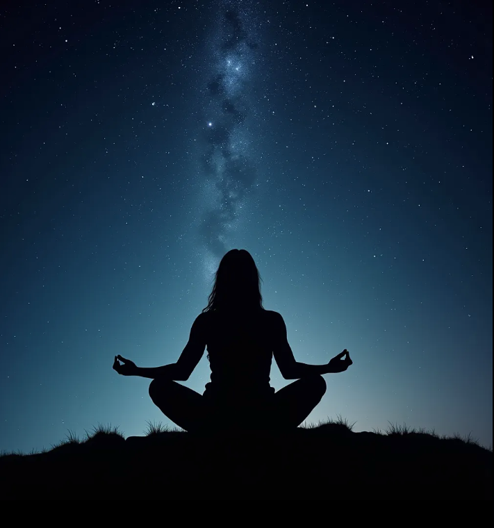 A yogi meditating under a starlit sky, receiving cosmic guidance.