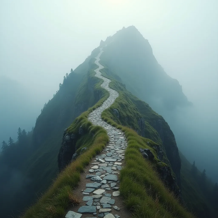 A winding misty mountain trail symbolizing the journey of self-discovery.