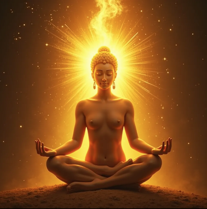 A meditating figure radiating divine golden energy of healing and transformation.