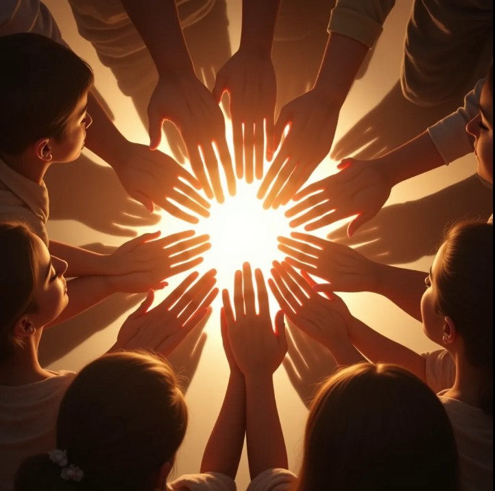 A group of people in a spiritual circle, eyes closed, hands linked, basking in divine light