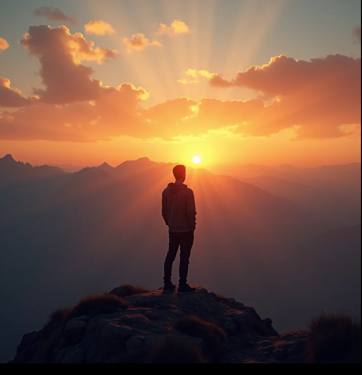 A spiritual seeker standing on a mountain peak at sunrise, ready for a new journey.