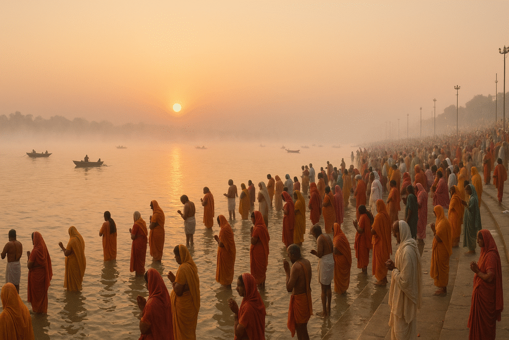 Pilgrims gather at sunrise for Shahi Snan at the Maha Kumbh Sangam.