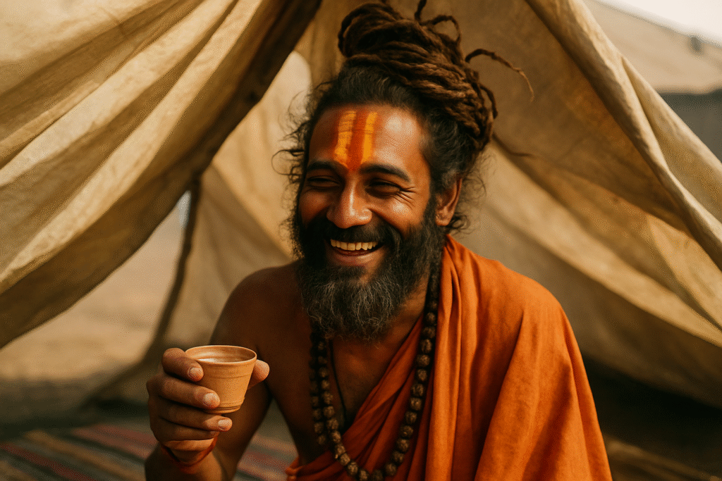 Young sadhu sharing tea and wisdom during Maha Kumbh 2025.