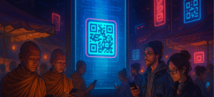 Futuristic advertising blending ancient wisdom and modern tech in a vibrant, human-centered setting.